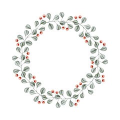 New Years Christmas hand drawn watercolor wreath of eucalyptus and branch with berries