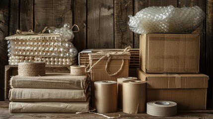 Obraz premium A neatly arranged set of cardboard boxes and packing supplies