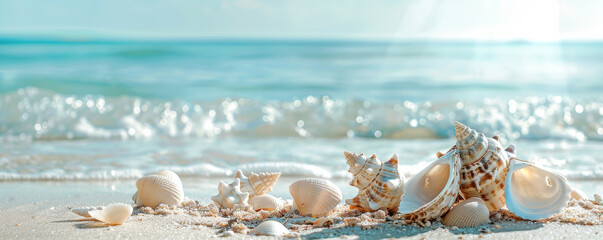 Summer background featuring a sandy beach with seashells and a calm blue ocean: Serene and coastal, perfect for a beachcombing theme