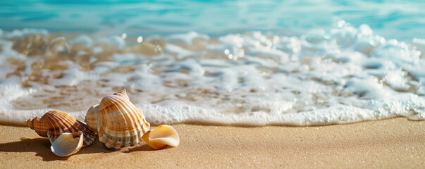Summer background featuring a sandy beach with seashells and a calm blue ocean: Serene and coastal, perfect for a beachcombing theme