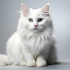 Beautiful long haired white cat with blue eyes on grey background