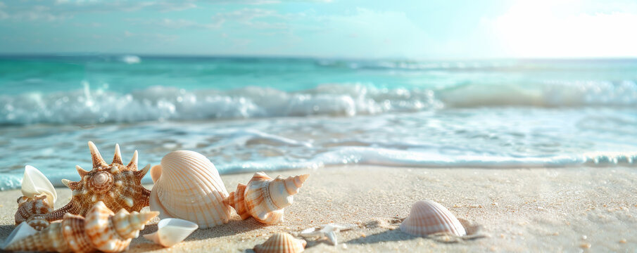 Summer background featuring a sandy beach with seashells and a calm blue ocean: Serene and coastal, perfect for a beachcombing theme
