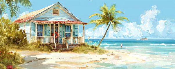 Summer background with a cozy beach cottage, sandy shore, and swaying palm trees: Idyllic and inviting, ideal for a beachside retreat