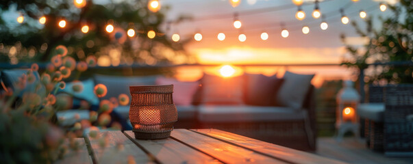 Summer background with a cozy outdoor patio, string lights, and a sunset view: Warm and inviting, ideal for a summer evening gathering