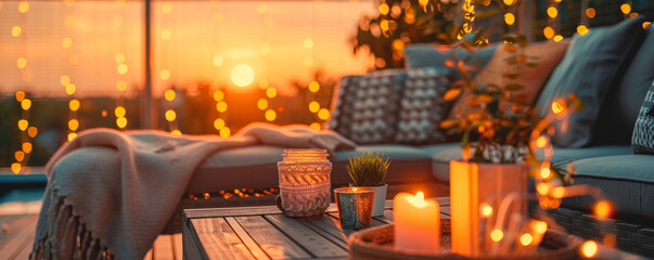 Summer background with a cozy outdoor patio, string lights, and a sunset view: Warm and inviting, ideal for a summer evening gathering