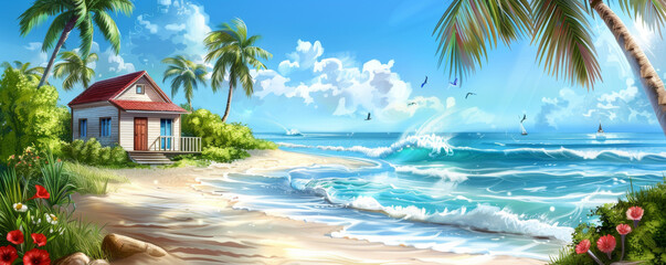 Summer background with a cozy beach cottage, sandy shore, and swaying palm trees: Idyllic and inviting, ideal for a beachside retreat