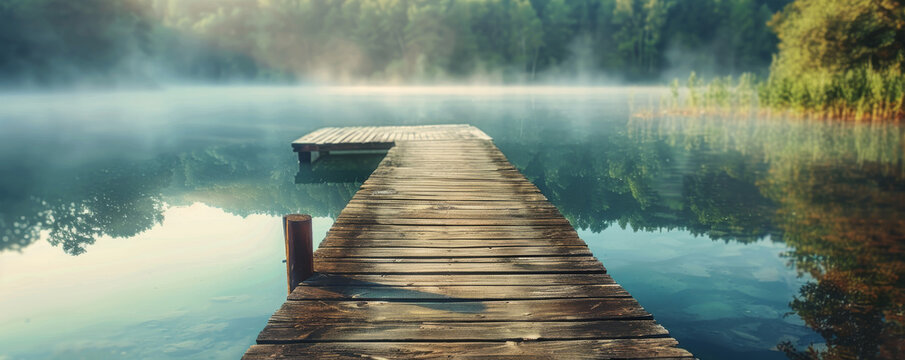 Summer background with a rustic wooden pier extending into a tranquil lake: Tranquil and picturesque, ideal for a lakeside retreat