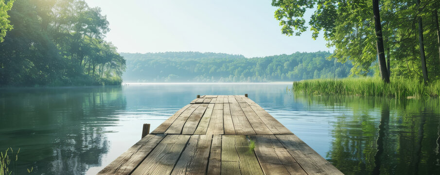 Summer background with a rustic wooden pier extending into a tranquil lake: Tranquil and picturesque, ideal for a lakeside retreat