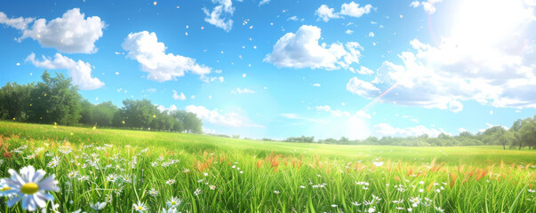 Summer background with a serene meadow, wildflowers, and a bright blue sky: Natural and tranquil, ideal for a summer day in the countryside