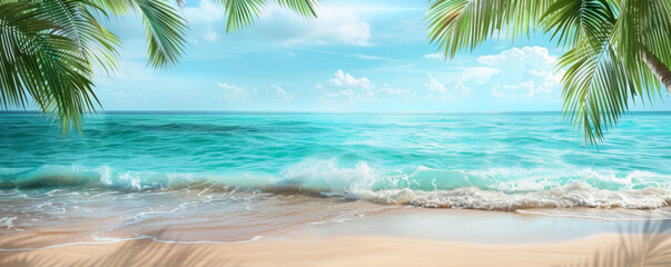 Summer background with a tranquil beach, clear blue water, and swaying palm trees: Idyllic and serene, ideal for a tropical paradise
