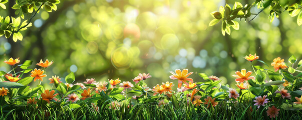 Fototapeta premium Summer background with a sunny garden, blooming flowers, and green grass: Fresh and vibrant, perfect for a summer garden scene