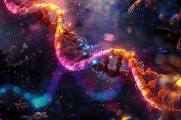 Abstract close-up of a colorful DNA strand with glowing lights, highlighting the intricacies of genetic structure in a vibrant, artistic representation.