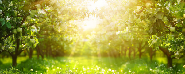 Summer background with a vibrant green orchard, fruit trees in full bloom, and bright sunlight: Fresh and lively, perfect for a summer harvest theme