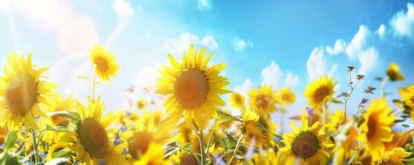 Summer background with bright yellow sunflowers under a vibrant blue sky: Cheerful and lively, perfect for a sunny summer day