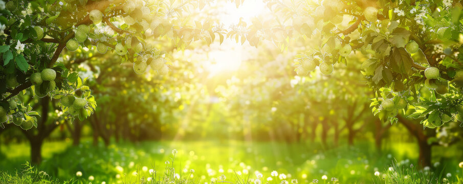 Summer background with a vibrant green orchard, fruit trees in full bloom, and bright sunlight: Fresh and lively, perfect for a summer harvest theme