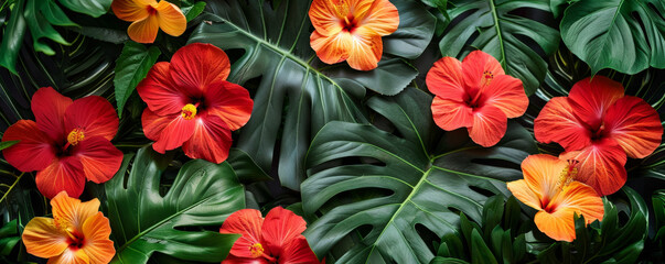 Tropical background featuring a mix of bright red and orange hibiscus flowers and lush green foliage: Colorful and lively, ideal for a summery vibe
