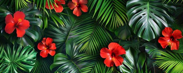 Tropical background featuring a mix of green palm leaves and bright red hibiscus flowers: Bold and vibrant, perfect for a tropical feel