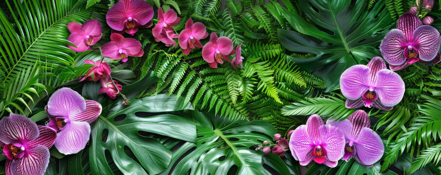 Tropical background featuring a mix of pink and purple orchids and lush green ferns: Elegant and colorful, ideal for a tropical garden