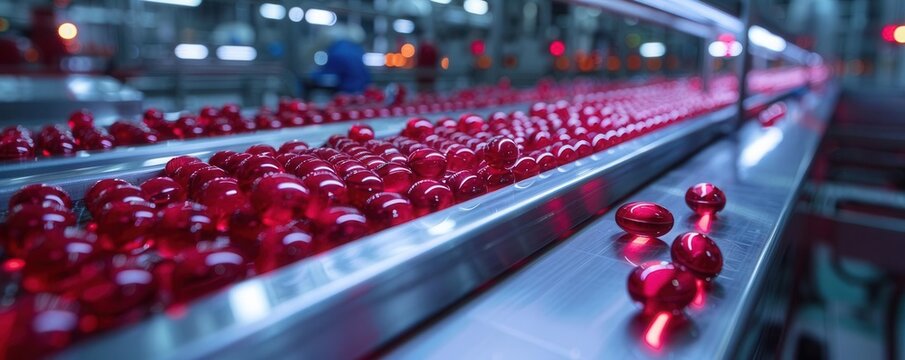 Automated pharmaceutical manufacturing process with red capsules on a conveyor belt in a modern facility.