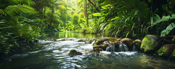 Tropical background with a serene river flowing through a dense jungle: Tranquil and lush, ideal for a jungle escape