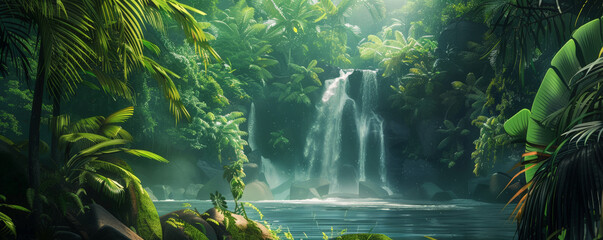 Tropical background with a vibrant green rainforest and cascading waterfall: Lush and serene, ideal for a jungle retreat