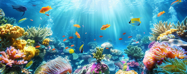 Tropical background with a vibrant coral reef and colorful fish swimming: Dynamic and lively, perfect for an underwater tropical scene