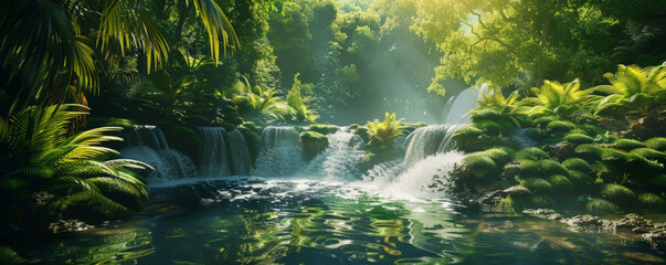Tropical background with a vibrant green rainforest and cascading waterfall: Lush and serene, ideal for a jungle retreat
