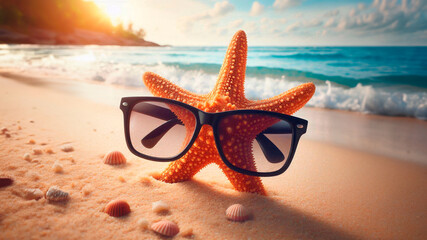 Starfish in sunglasses on the beach, summer vacation concept
