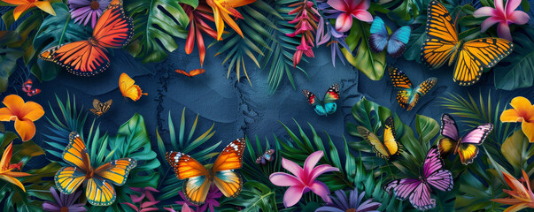 Tropical background with colorful butterflies fluttering among vibrant flowers: Playful and lively, perfect for a vibrant tropical scene