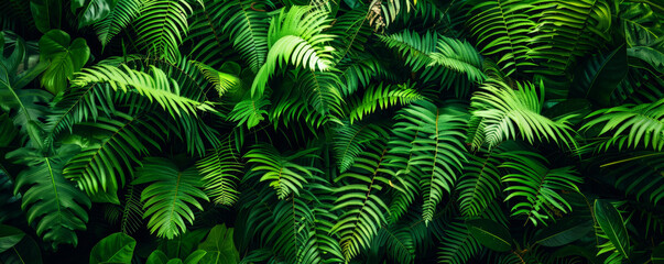 Tropical background with lush green ferns and cascading vines: Dense and vibrant, ideal for a jungle theme