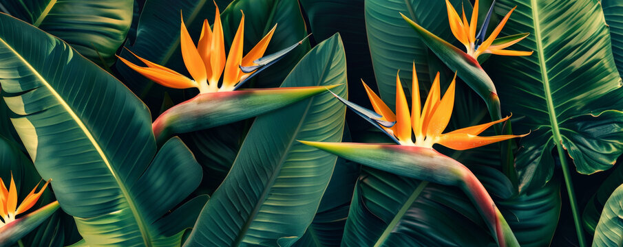 Tropical background with exotic bird of paradise flowers and large, broad leaves: Vibrant and unique, adding a touch of the exotic