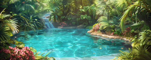Tropical background with serene blue lagoon surrounded by lush greenery and flowers: Idyllic and tranquil, perfect for a tropical retreat