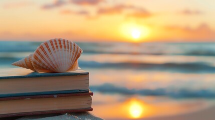 A seashell rests on top of a stack of books on a beach at sunset.