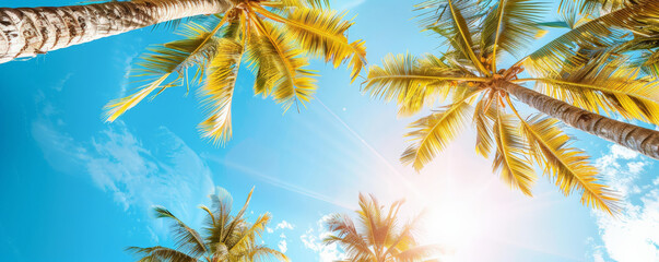 Tropical background with towering coconut palm trees and clear blue skies: Idyllic and refreshing, perfect for a beach paradise