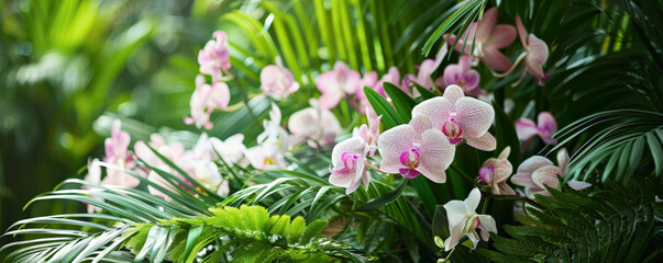 Tropical garden background with a mix of orchids and lush green ferns: Elegant and lush, ideal for a serene garden retreat