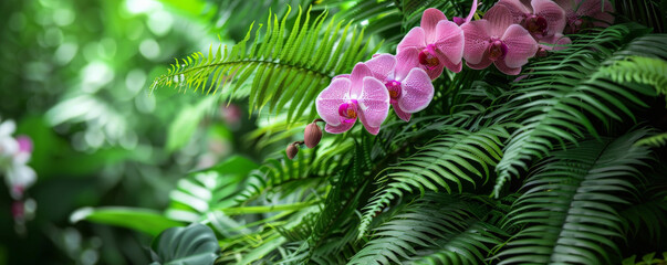 Tropical garden background with a mix of orchids and lush green ferns: Elegant and lush, ideal for a serene garden retreat