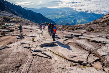 Mount Kinabalu peak with light of sunrise on Mount   trip travel, hiking in Kinabalu national park....