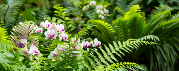 Tropical garden background with a mix of orchids and lush green ferns: Elegant and lush, ideal for a serene garden retreat