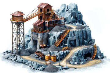 A coal mining operation, mining industry element, realistic illustration, rugged, isolated on white background