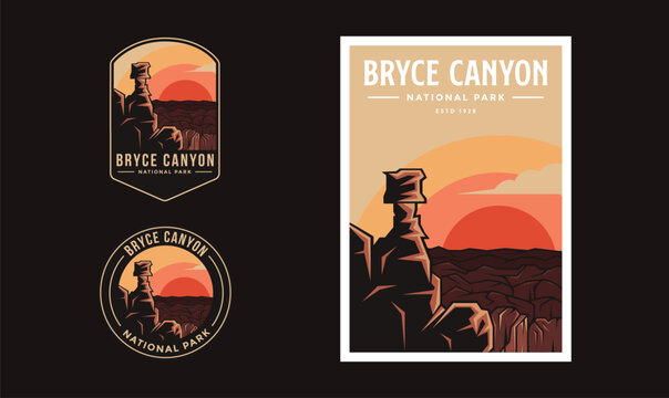 Set of Bryce Canyon National Park graphic illustration badge poster vector