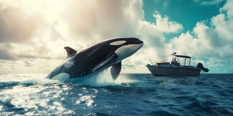 Fototapeta premium Majestic orca whale leaps from ocean waters near a boat, framed by a dramatic stormy sky and seascape