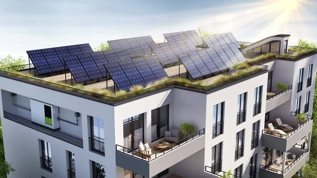 Modern residential building with solar panels and storage batteries