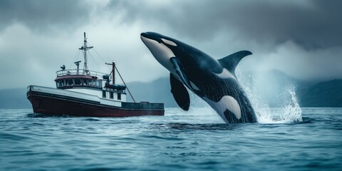 Fototapeta premium A powerful orca whale breaches the ocean's surface next to an old fishing boat, amidst foggy weather