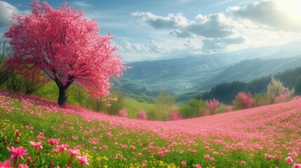 Vibrant Spring Landscape with Lush Greenery and Blossoming Flowers on a Spacious White Background, Emphasizing Nature's Renewal and Fresh Beginnings