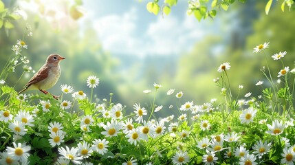 Vibrant Spring Landscape with Lush Greenery and Blossoming Flowers on a Spacious White Background, Emphasizing Nature's Renewal and Fresh Beginnings