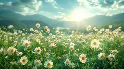 Vibrant Spring Landscape with Lush Greenery and Blossoming Flowers on a Spacious White Background, Emphasizing Nature's Renewal and Fresh Beginnings