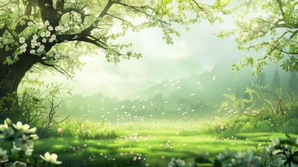 Vibrant Spring Landscape with Lush Greenery and Blossoming Flowers on a Spacious White Background, Emphasizing Nature's Renewal and Fresh Beginnings