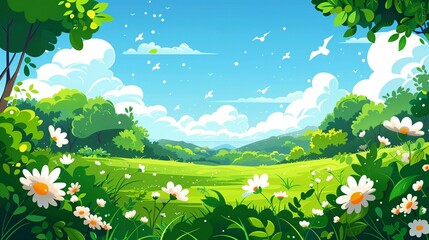 Vibrant Spring Landscape with Lush Greenery and Blossoming Flowers on a Spacious White Background, Emphasizing Nature's Renewal and Fresh Beginnings