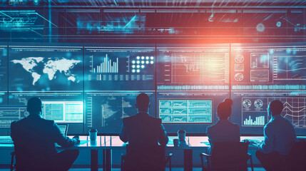 A team meeting at a high-tech company with multiple screens showing data and graphs.