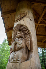 national Altai signs and symbols at the beginning of summer in the area of ​​Lake Teletskoye in...
